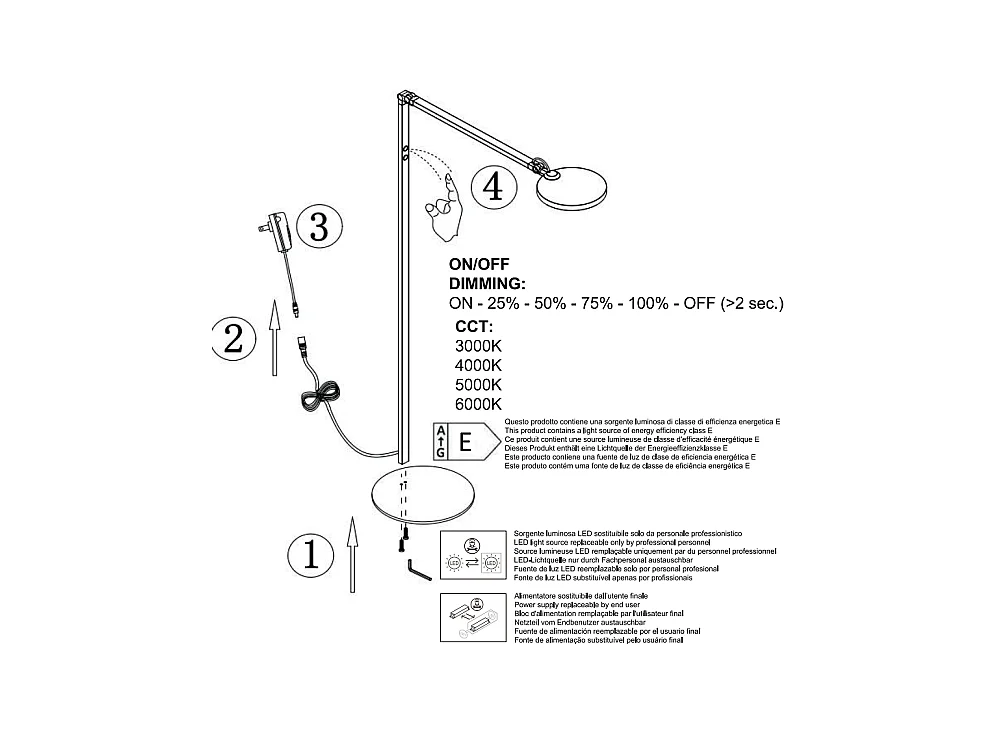 Regina – Verstellbare weiße LED-Stehleuchte aus Metall, H. 135 cm. Fabas Luce – Integriertes 9-W-LED-Licht, CCT (3000 K, 4000 K, 5000 K, 6000 K).