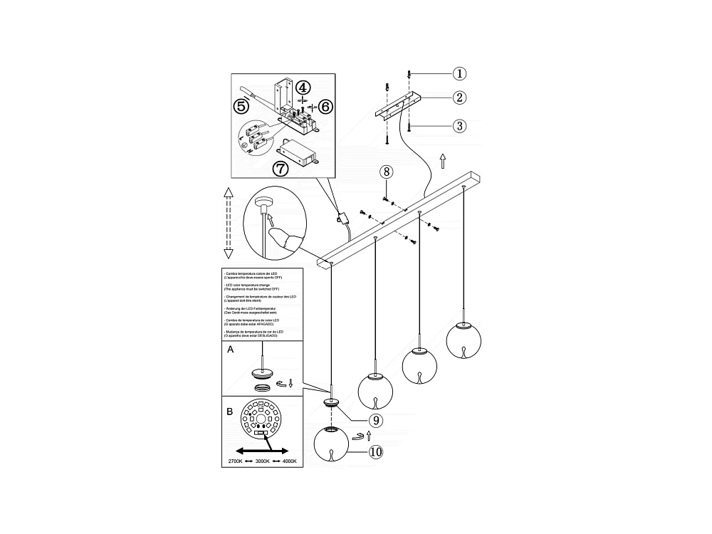 Ariel - Suspension Fabas Luce 4 lumières - LED 28W dimmable - Design sphère transparente