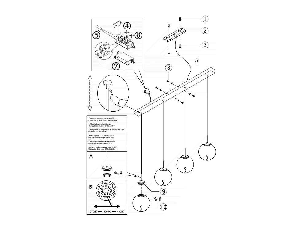 Ariel - Lampa wisząca Fabas Luce 4-punktowa - 28W ściemnialna dioda LED - Przezroczysta kula