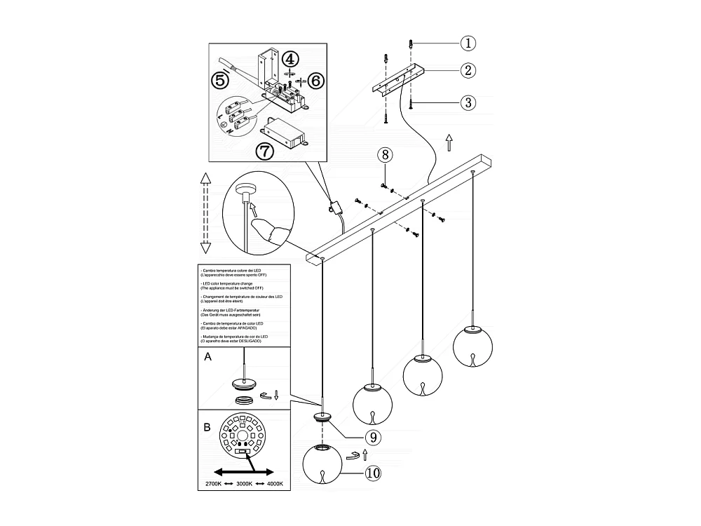 Ariel - Lampada a sospensione 4 luci Fabas Luce - LED 28W dimmerabile - Trasparente Design a sfera
