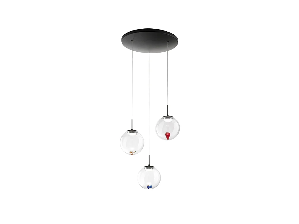 Ariel - Suspension circulaire 3 lumières avec formes Fabas Luce - LED 21W dimmable - Rosace ronde transparente d.35cm