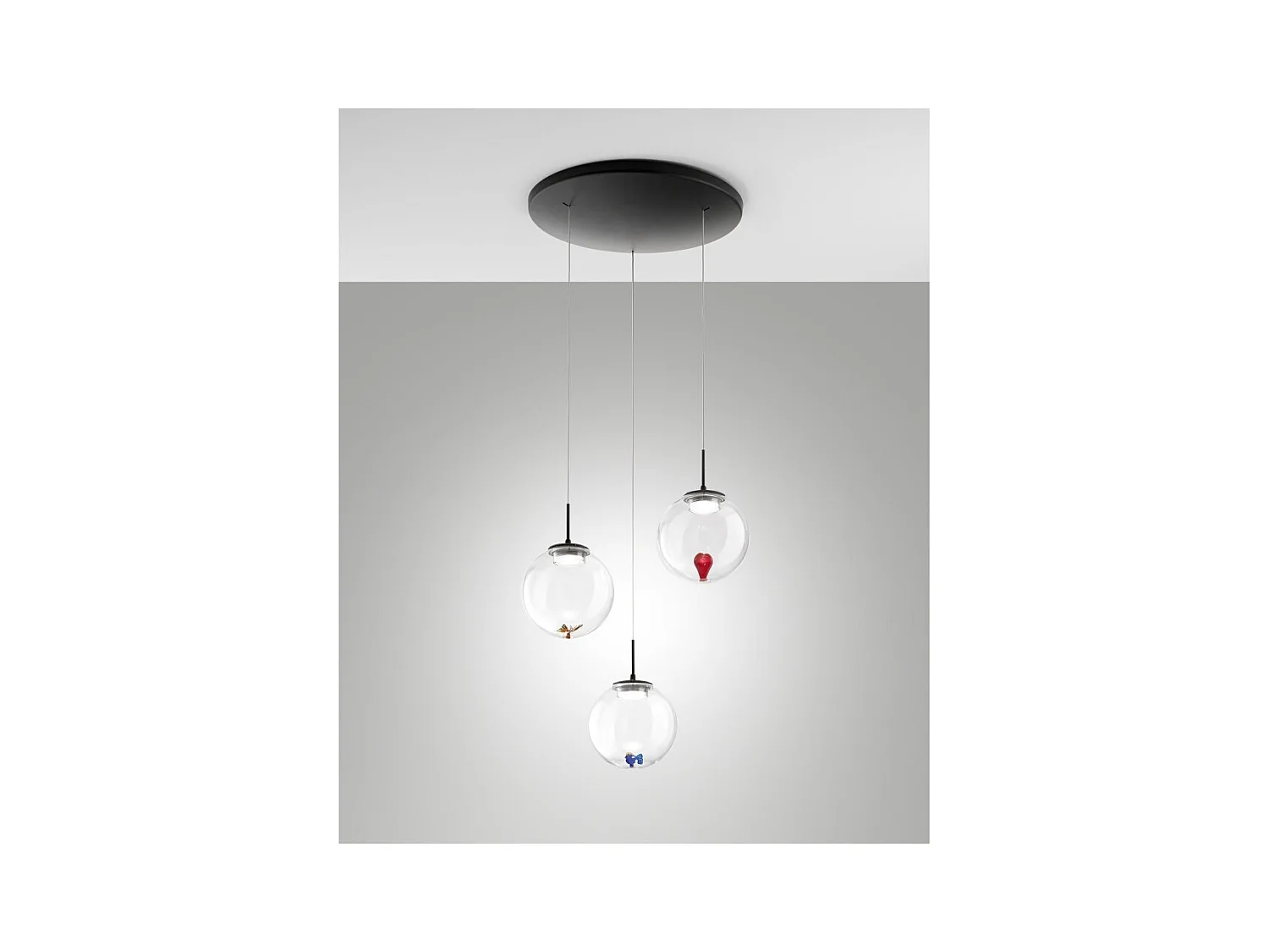 Ariel - Suspension circulaire 3 lumières avec formes Fabas Luce - LED 21W dimmable - Rosace ronde transparente d.35cm