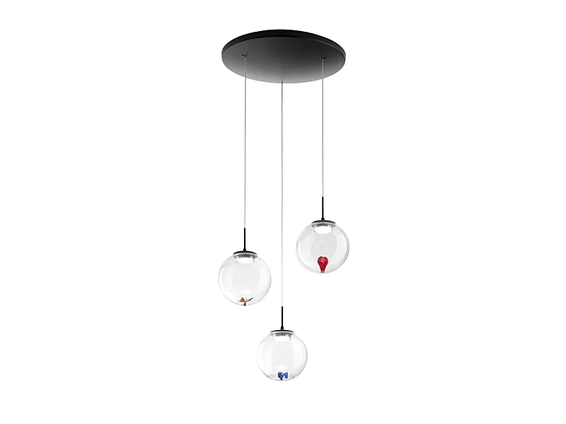 Ariel - Suspension circulaire 3 lumières avec formes Fabas Luce - LED 21W dimmable - Rosace ronde transparente d.35cm