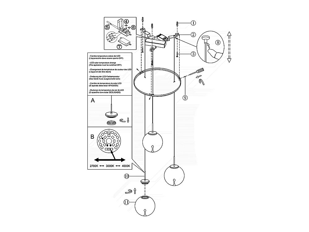 Ariel - Fabas Luce 3-lampowa okrągła lampa wisząca - 21W ściemnialna dioda LED - Przezroczysta okrągła rozeta sufitowa śr. 35 cm