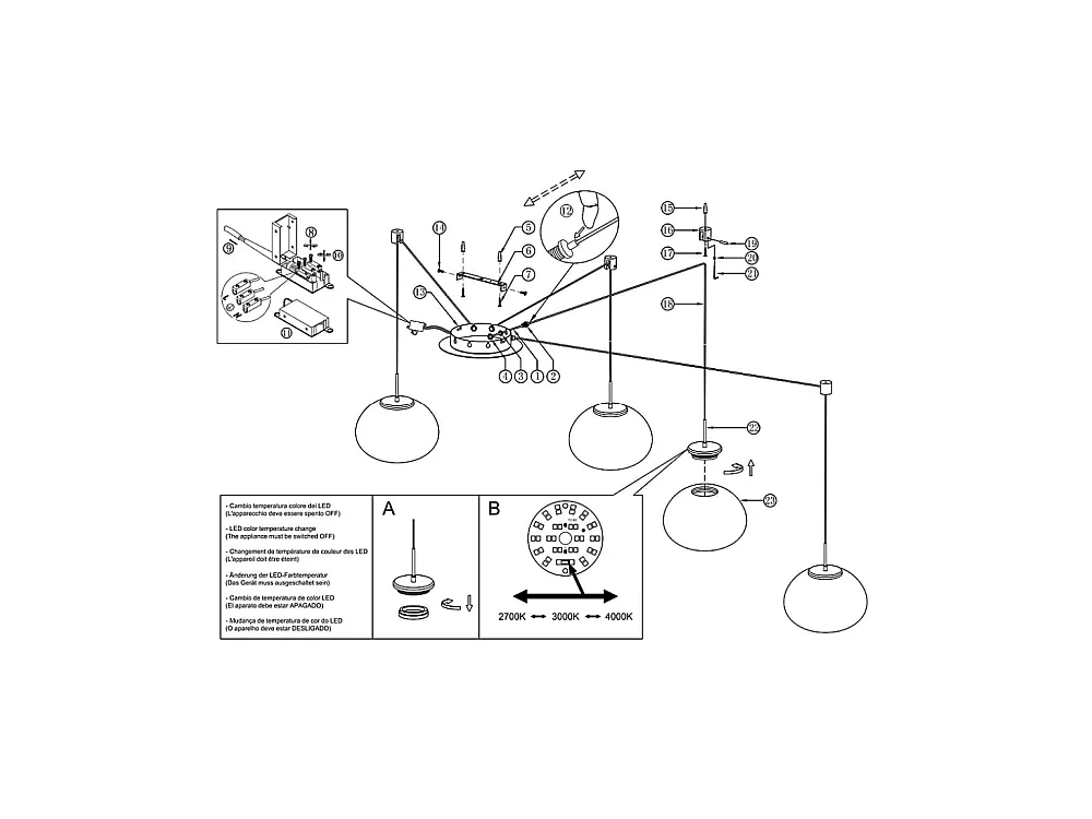 Brena - Suspension transparente décentralisée 4 lumières - Fabas Luce - LED 40W dimmable - Montage décentralisé