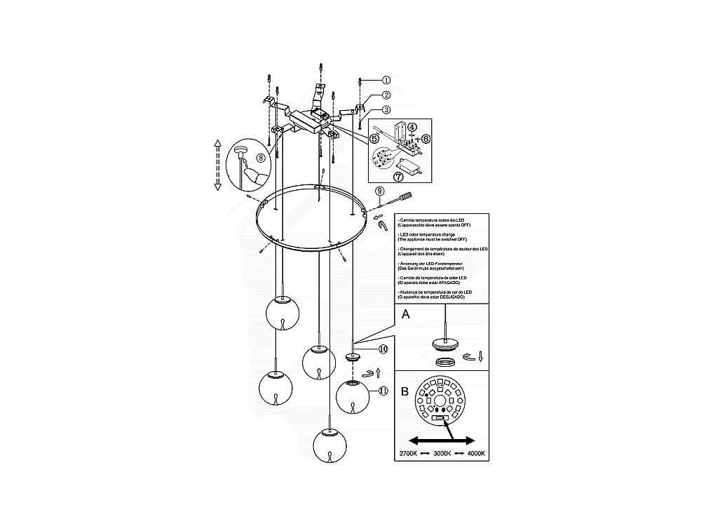 Ariel - Suspension circulaire Fabas Luce 5 lumières - LED 35W dimmable - Rosace ronde transparente d.50cm