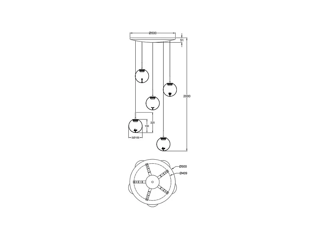 Ariel - Suspension circulaire Fabas Luce 5 lumières - LED 35W dimmable - Rosace ronde transparente d.50cm