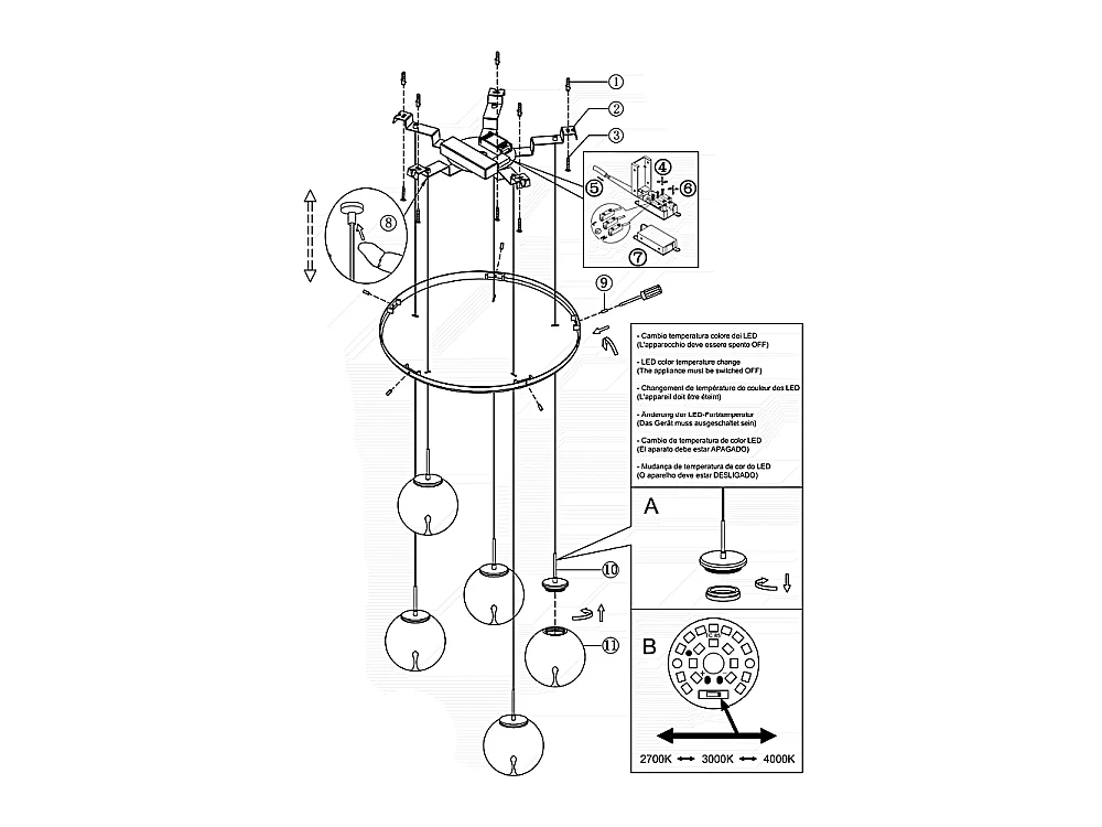Ariel - Fabas Luce 5-lampowa okrągła lampa wisząca - 35W ściemnialna dioda LED - Przezroczysta okrągła rozeta sufitowa śr. 50 cm