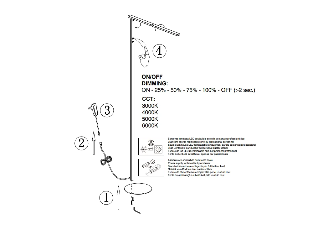 Ideal - Piantana a Led Bianca orientabile in metallo H.180 cm Fabas Luce - Luce led 35W integrata CCT (3000K 4000K 5000K 6000K)