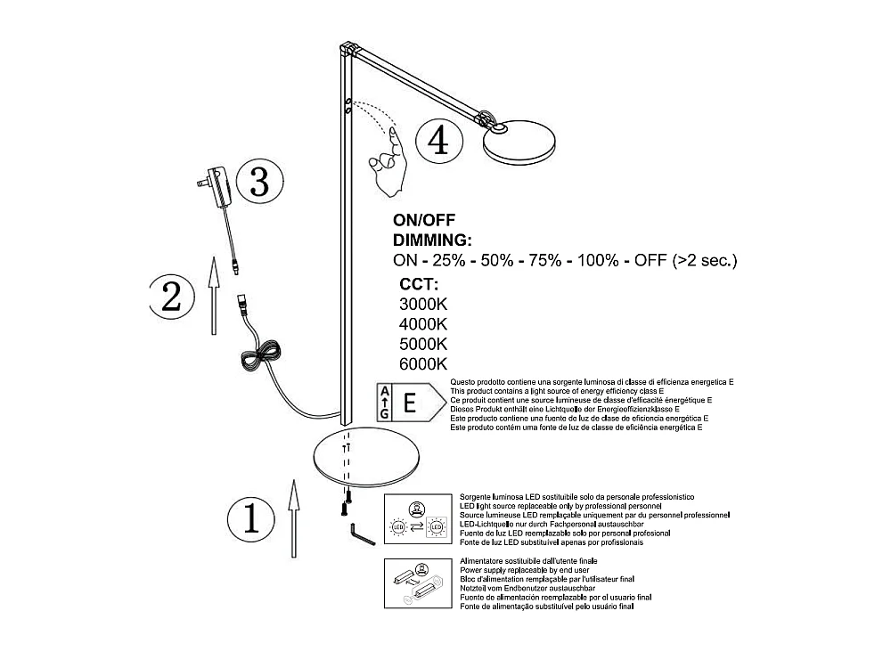 Regina - Verstellbare schwarze LED-Stehleuchte aus Metall, H. 135 cm. Fabas Luce - Integriertes 9-W-LED-Licht, CCT (3000 K, 4000 K, 5000 K, 6000 K).