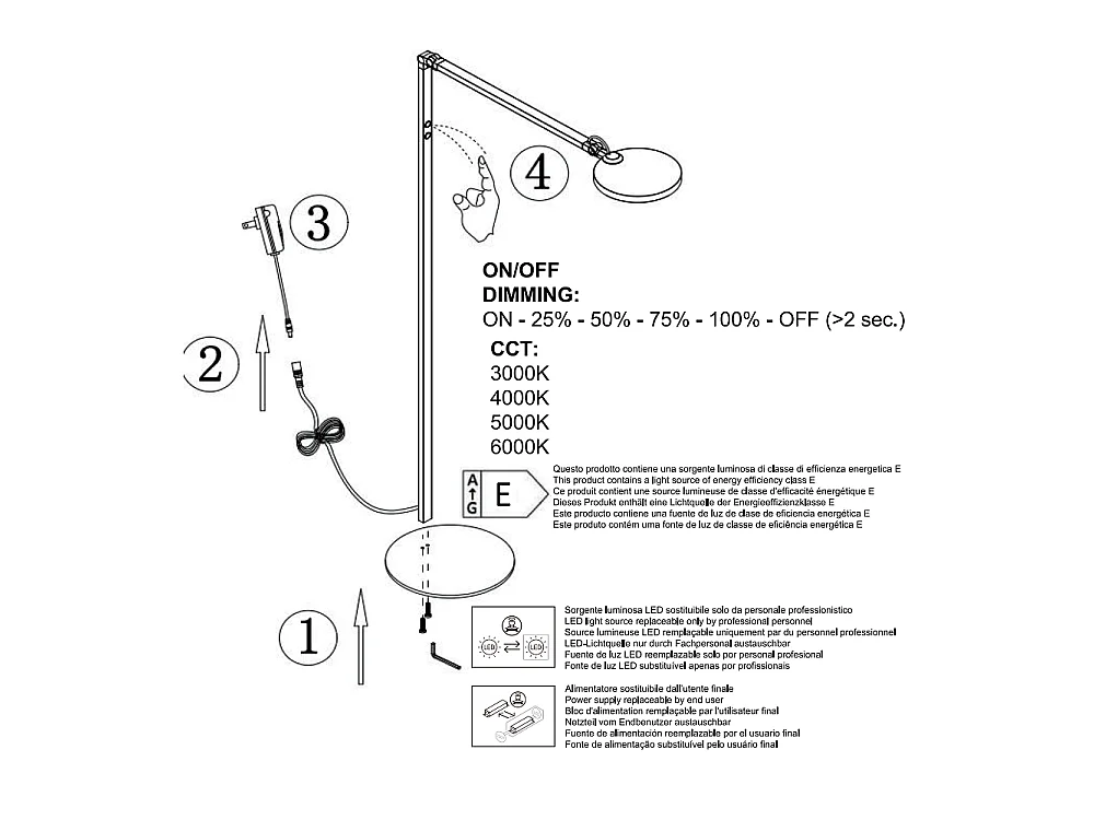 Regina - Lámpara de pie LED orientable de metal negro H.135 cm Fabas Luce - Luz LED integrada de 9 W CCT (3000K 4000K 5000K 6000K)