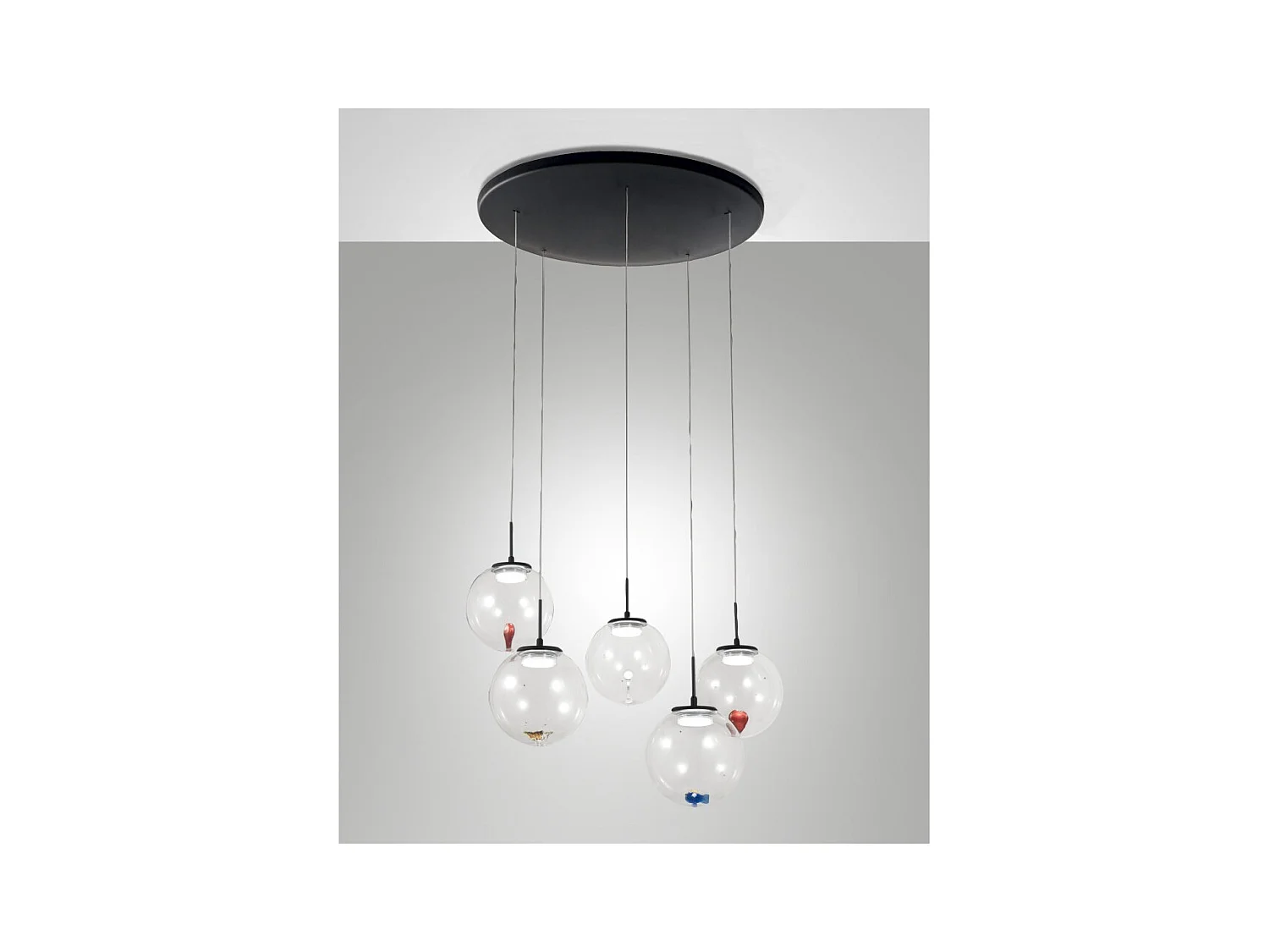 Ariel - Suspension circulaire 5 lumières avec formes Fabas Luce - LED 35W dimmable - Rosace ronde transparente d.50cm