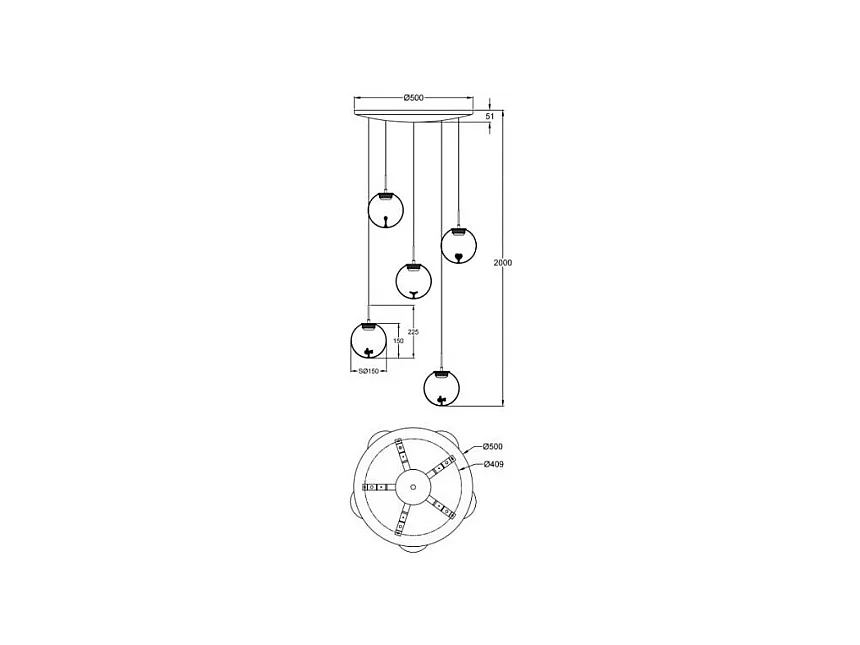 Ariel - Suspension circulaire 5 lumières avec formes Fabas Luce - LED 35W dimmable - Rosace ronde transparente d.50cm
