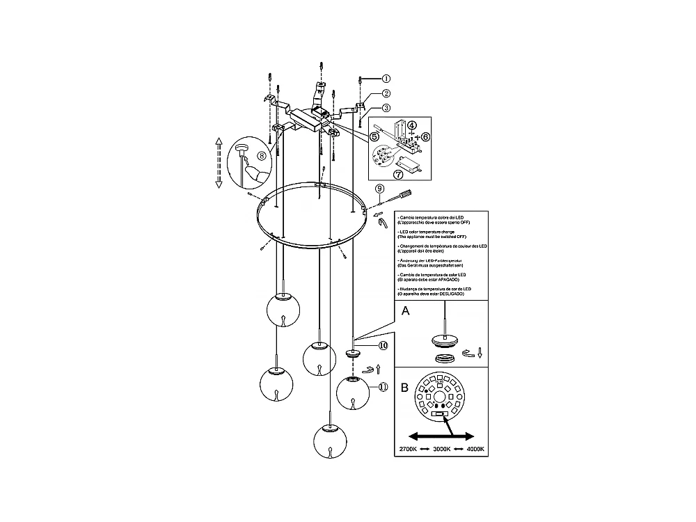 Ariel - Suspension circulaire 5 lumières avec formes Fabas Luce - LED 35W dimmable - Rosace ronde transparente d.50cm