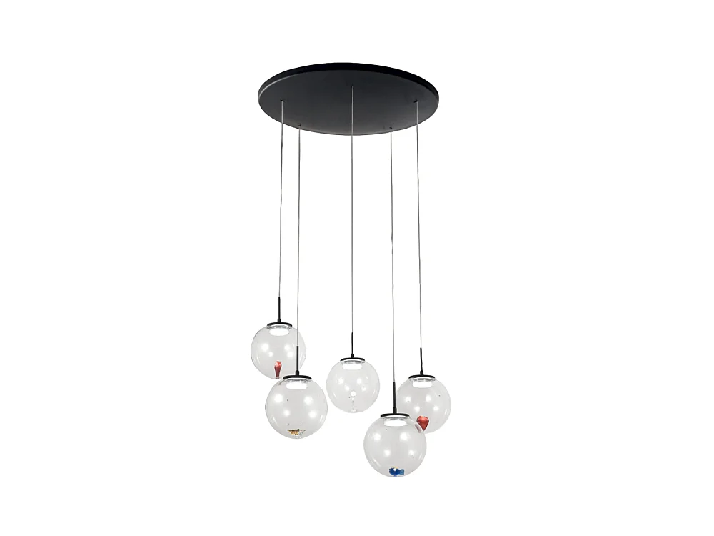 Ariel – 5-flammige runde Pendelleuchte mit Fabas Luce-Formen – 35 W dimmbare LED – Transparente runde Deckenrosette d. 50 cm