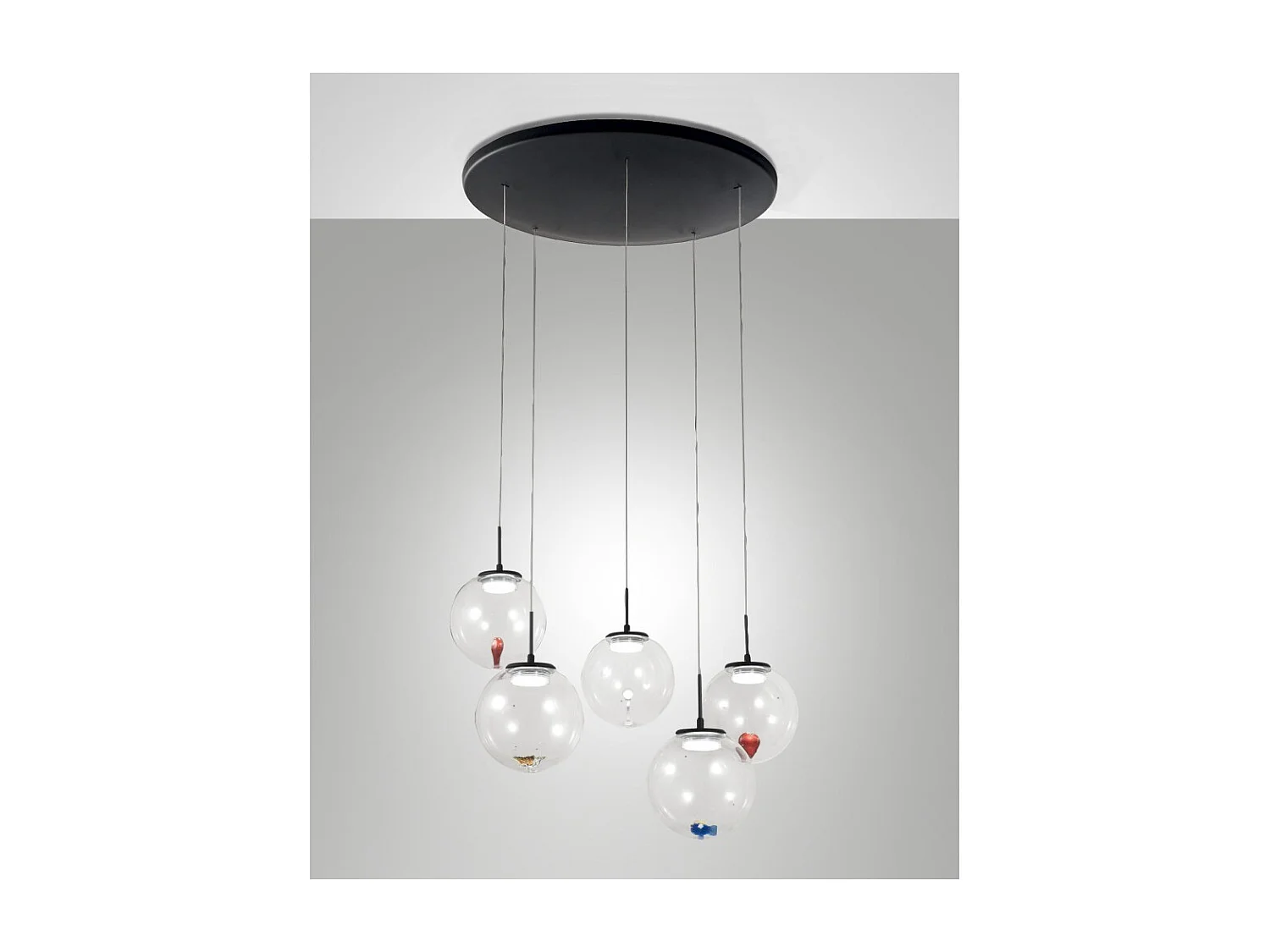 Ariel - 5-punktowa okrągła lampa wisząca o kształcie Fabas Luce - 35W ściemnialna dioda LED - Przezroczysta okrągła rozeta sufitowa o średnicy 50 cm