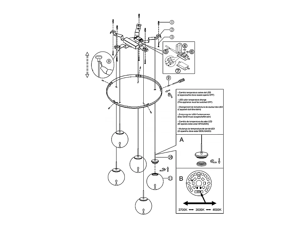 Ariel - 5-punktowa okrągła lampa wisząca o kształcie Fabas Luce - 35W ściemnialna dioda LED - Przezroczysta okrągła rozeta sufitowa o średnicy 50 cm