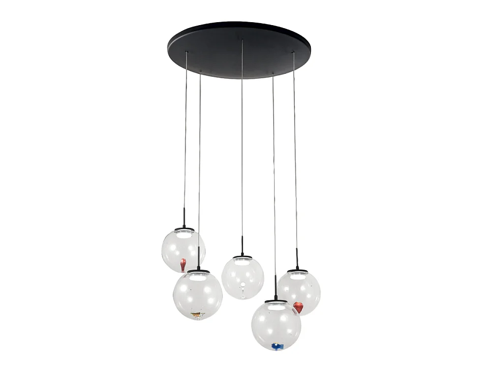 Ariel - Lampada a sospensione circolare 5 luci con forme Fabas Luce - LED 35W dimmerabile - Trasparente Rosone rotondo d.50cm