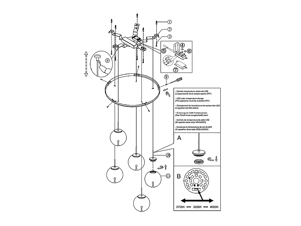 Ariel - Lampada a sospensione circolare 5 luci con forme Fabas Luce - LED 35W dimmerabile - Trasparente Rosone rotondo d.50cm
