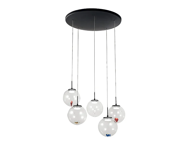 Ariel - Suspension circulaire 5 lumières avec formes Fabas Luce - LED 35W dimmable - Rosace ronde transparente d.50cm