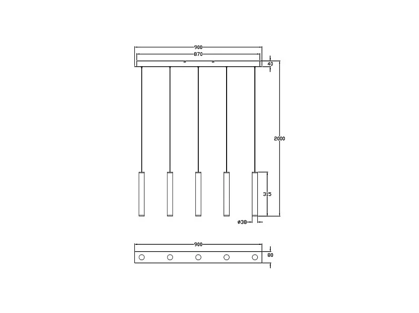 Fabas Luce Prado 5-lichts hanglamp - 33W dimbare LED - Mat zwart Lineair design