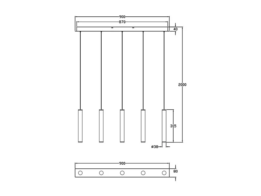 Fabas Luce Prado 5-lichts hanglamp - 33W dimbare LED - Mat zwart Lineair design