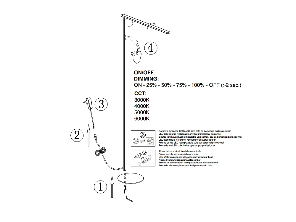 Ideal - Verstellbare weiße LED-Stehleuchte aus Metall, H. 130 cm, Fabas Luce - Integriertes 10-W-LED-Licht, CCT (3000 K, 4000 K, 5000 K, 6000 K)