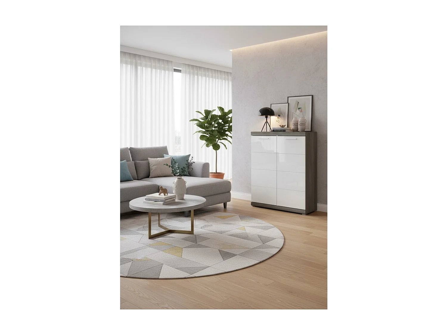 Buffet SCOTT – Blanc brillant – 2 portes, 7 niches – À poser