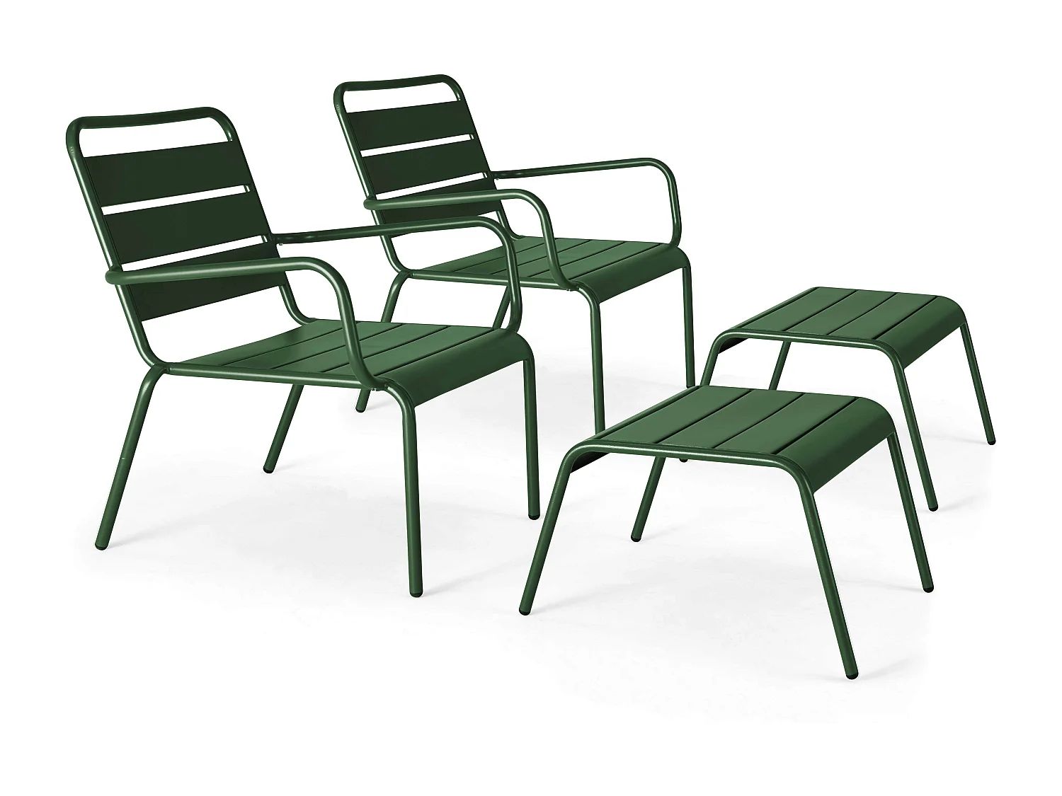 Set van 2 bosgroene metalen relaxfauteuils met voetensteun