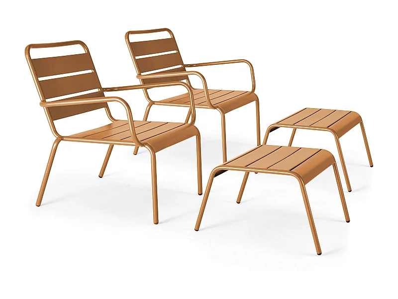 Lot de 2 fauteuils relax avec repose-pieds en métal Caramel - Palavas