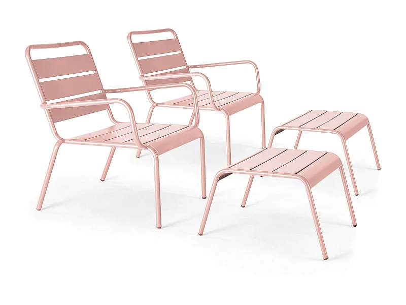 Lot de 2 fauteuils relax avec repose-pieds en métal Rose poudré - Palavas