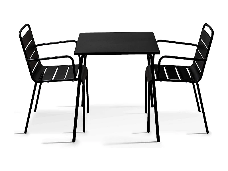 Set van een vierkante tuin tafel en 2 zwart stalen fauteuils