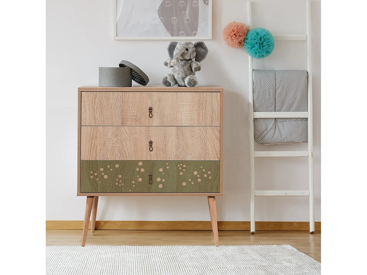 Commode 3 tiroirs Sleek Motif Bulles Bois clair et Vert