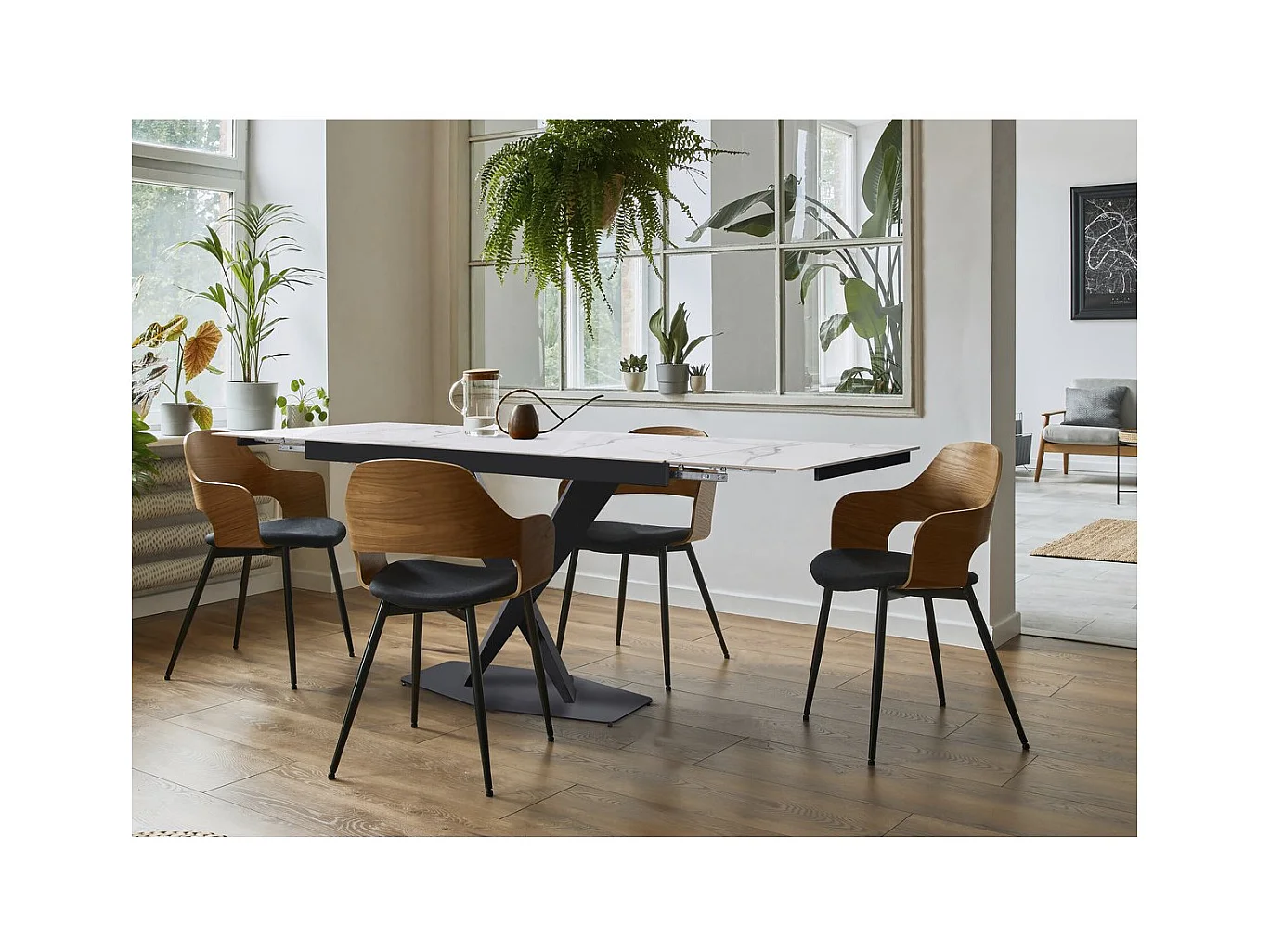 Table à manger extensible en céramique 6 à 10 personnes "Silence" - Blanc marbré gris