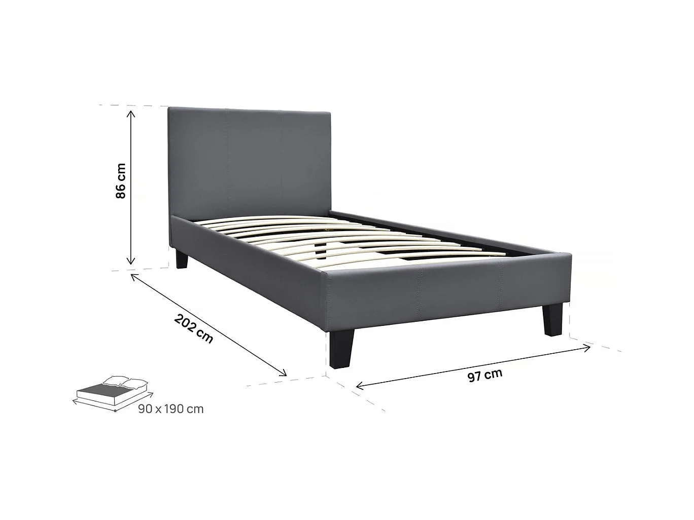 Cama de solteiro "Lina" 90 x 190 cm Cinza escuro - Estrutura em contraplacado - Estrado de ripas - Ideal para quarto de criança
