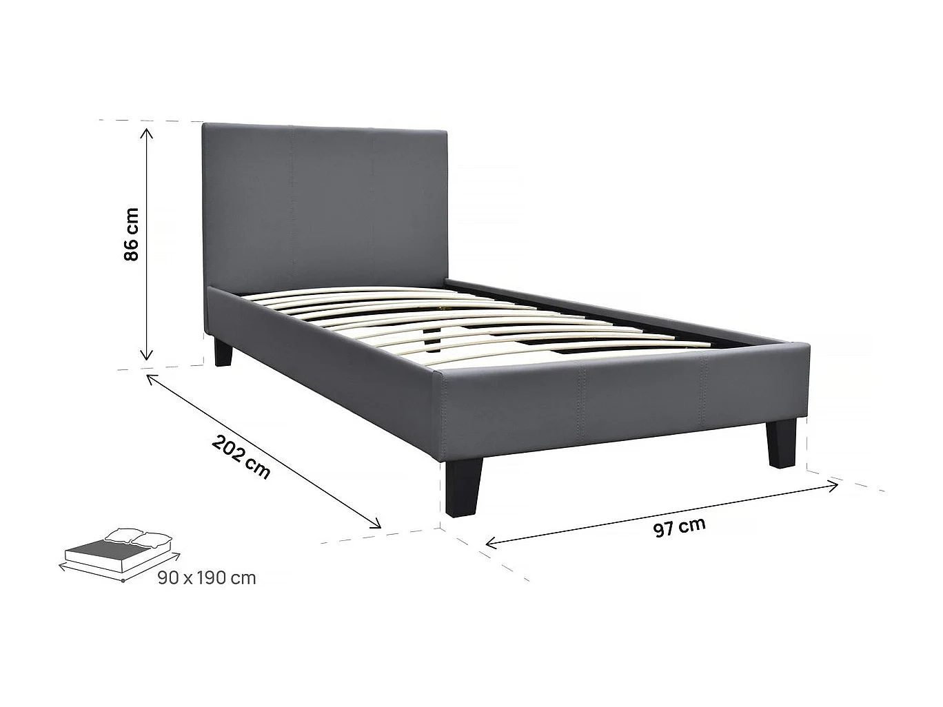 Lit "Lina" - 90 x 190 cm - Gris foncé