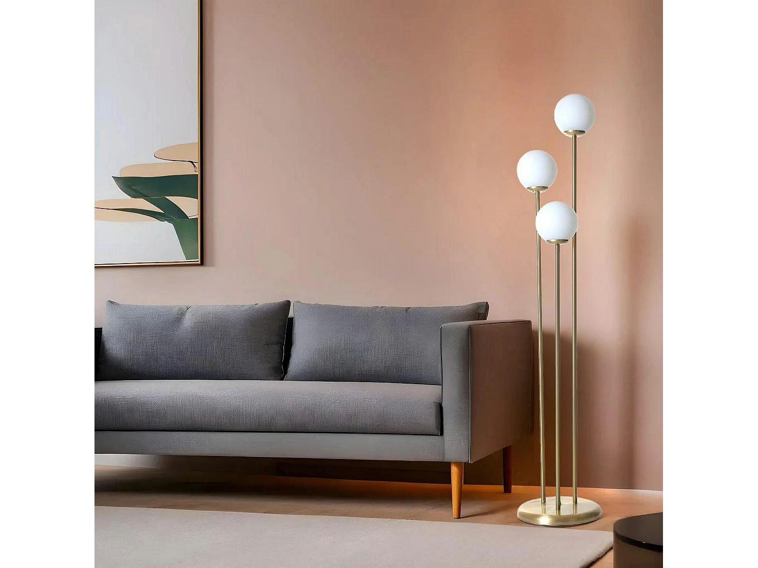 Lampadaire salon art déco, 3 globes verre dépoli SIERRE