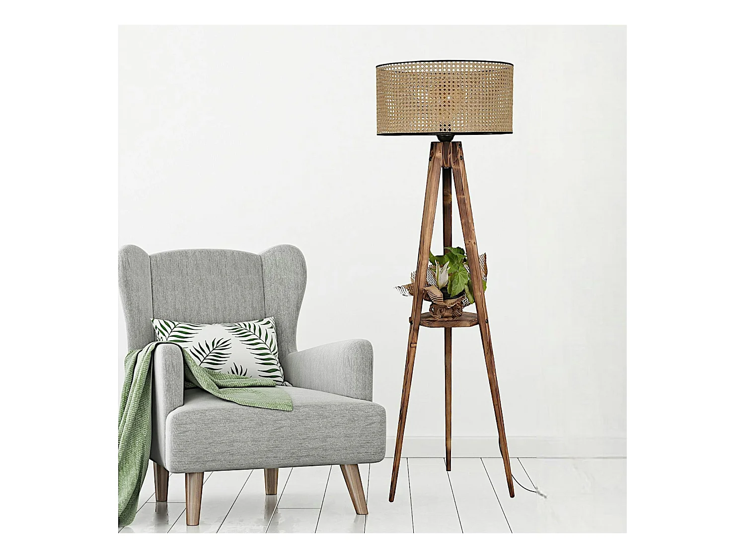 Lampadaire trépied effet bois avec abat-jour cannage KILIS