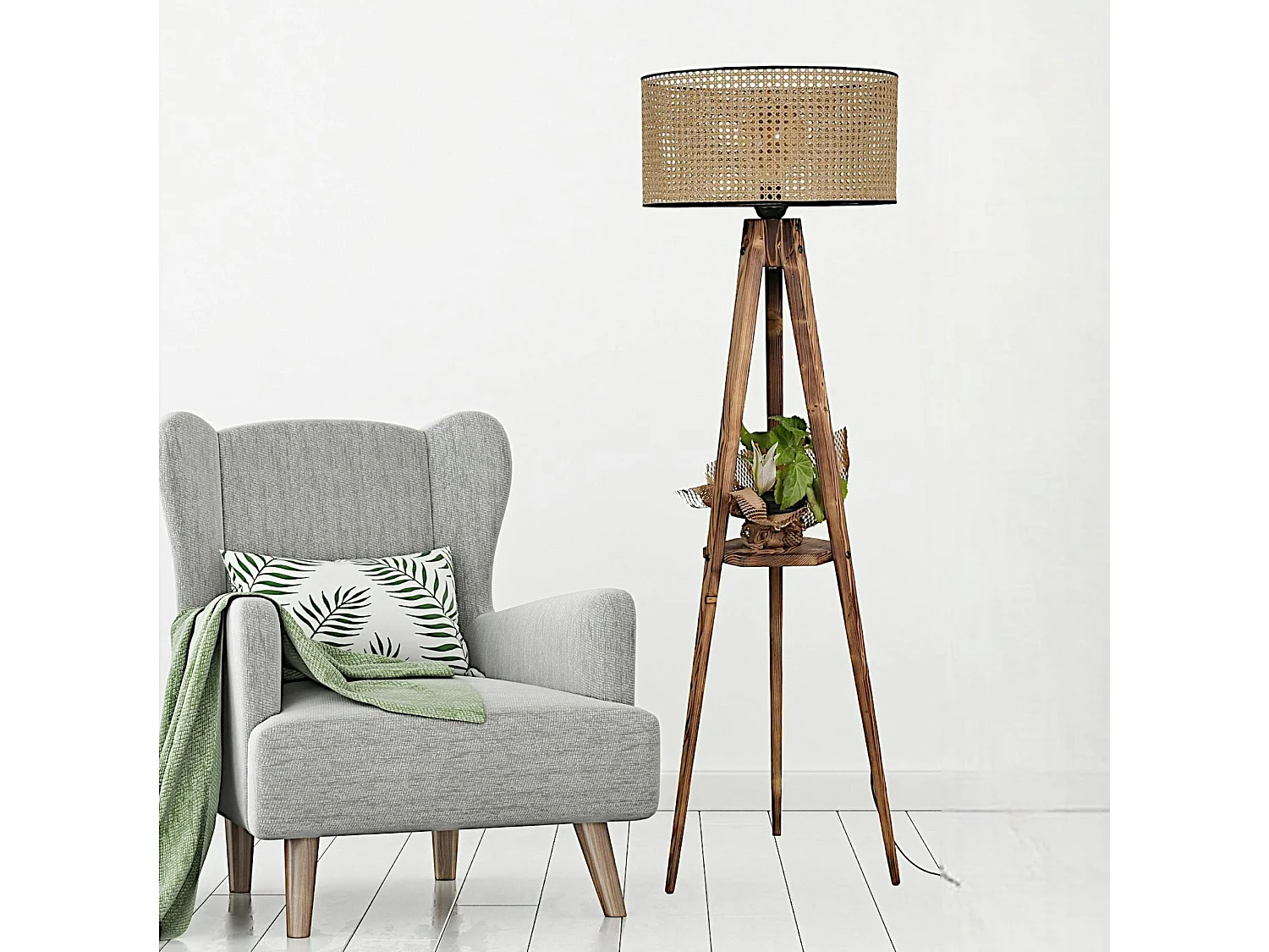 Lampadaire trépied effet bois avec abat-jour cannage KILIS