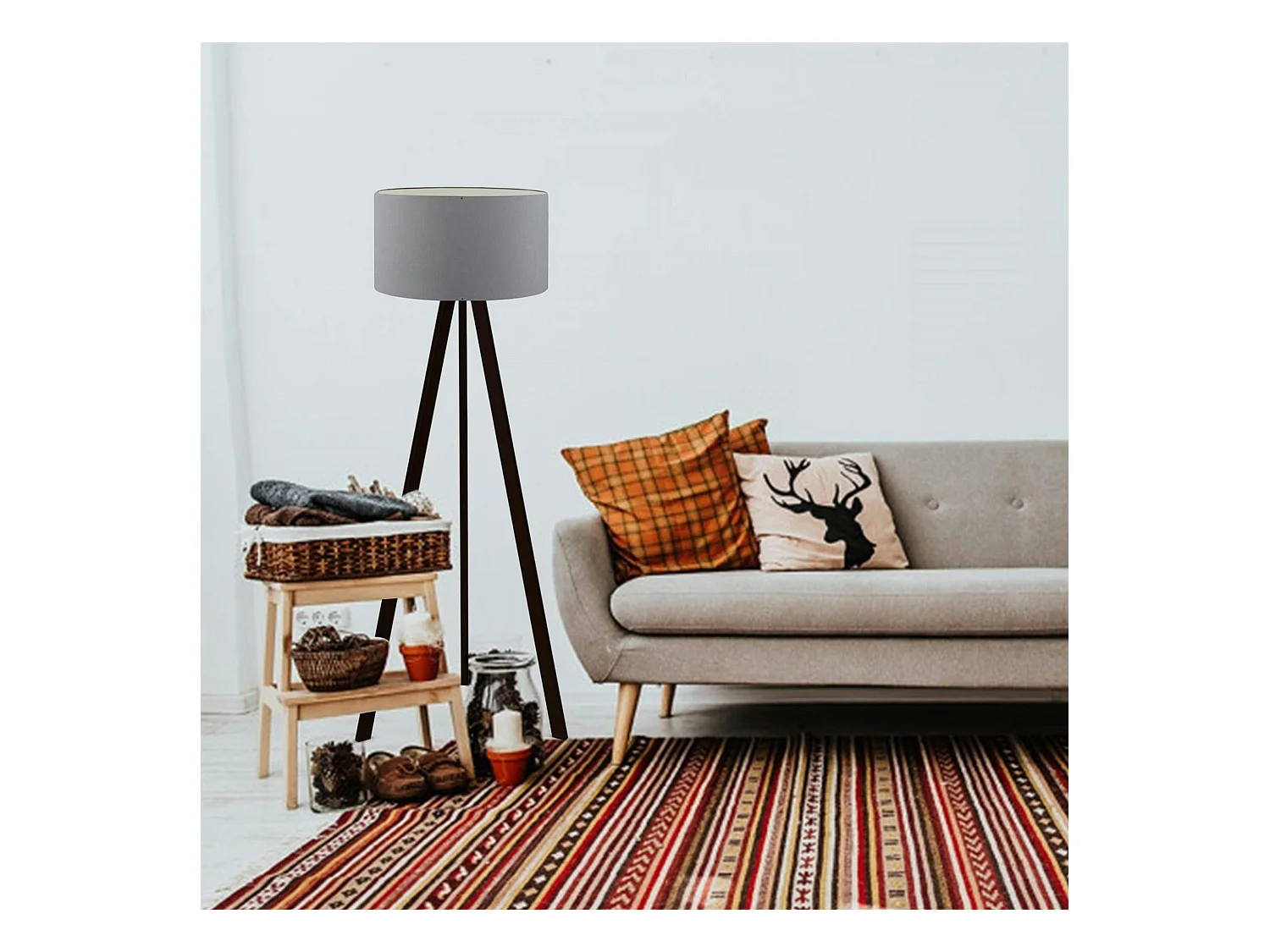 Lampadaire trépied effet bois noir, abat-jour gris Ø38 cm KILIS