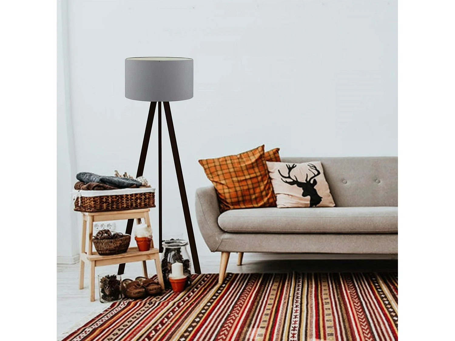 Lampadaire trépied effet bois noir, abat-jour gris Ø38 cm KILIS