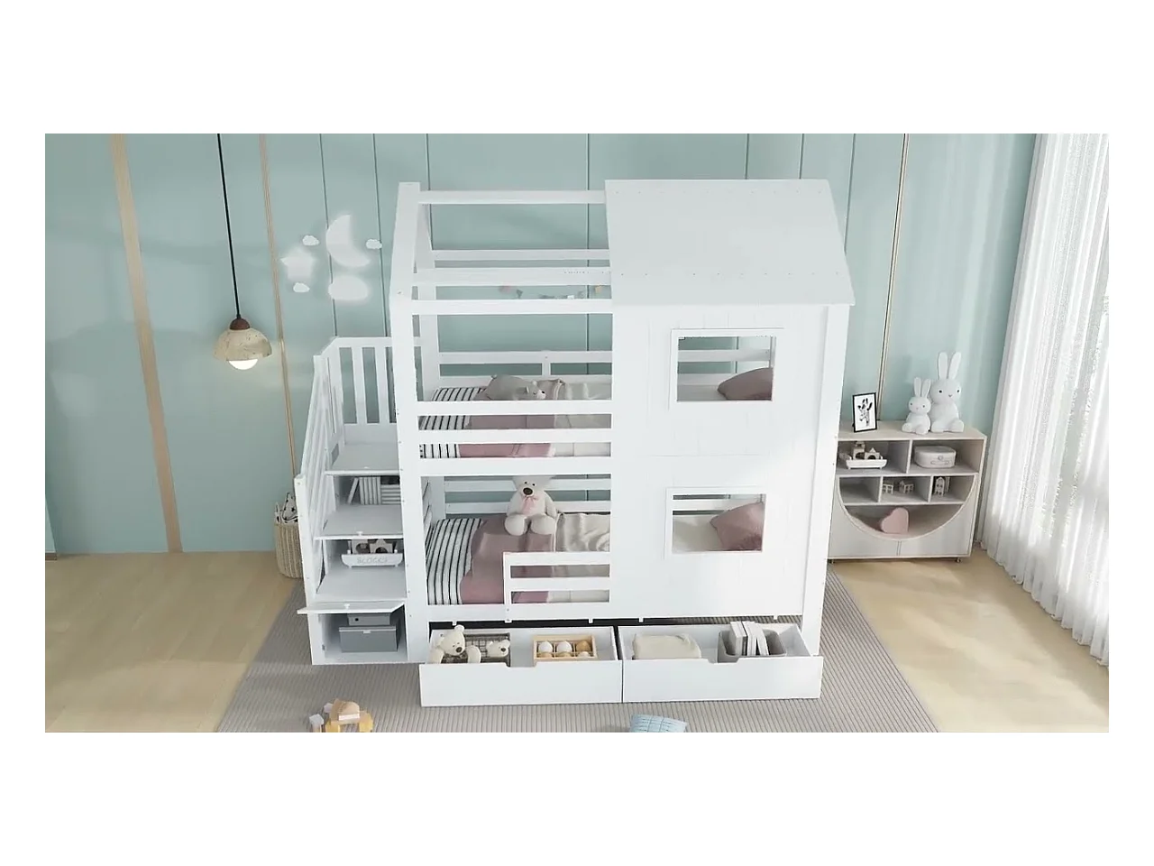 Lit superposé 90x200cm - avec 2 tiroirs - escalier avec rangement - avec fenêtres et toit - Bois massif + MDF - Blanc (sans matelas)