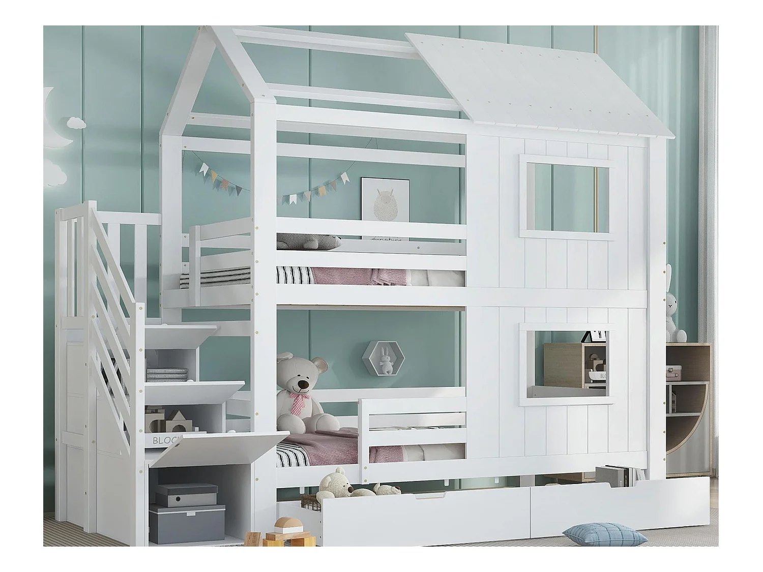 Lit superposé 90x200cm - avec 2 tiroirs - escalier avec rangement - avec fenêtres et toit - Bois massif + MDF - Blanc (sans matelas)