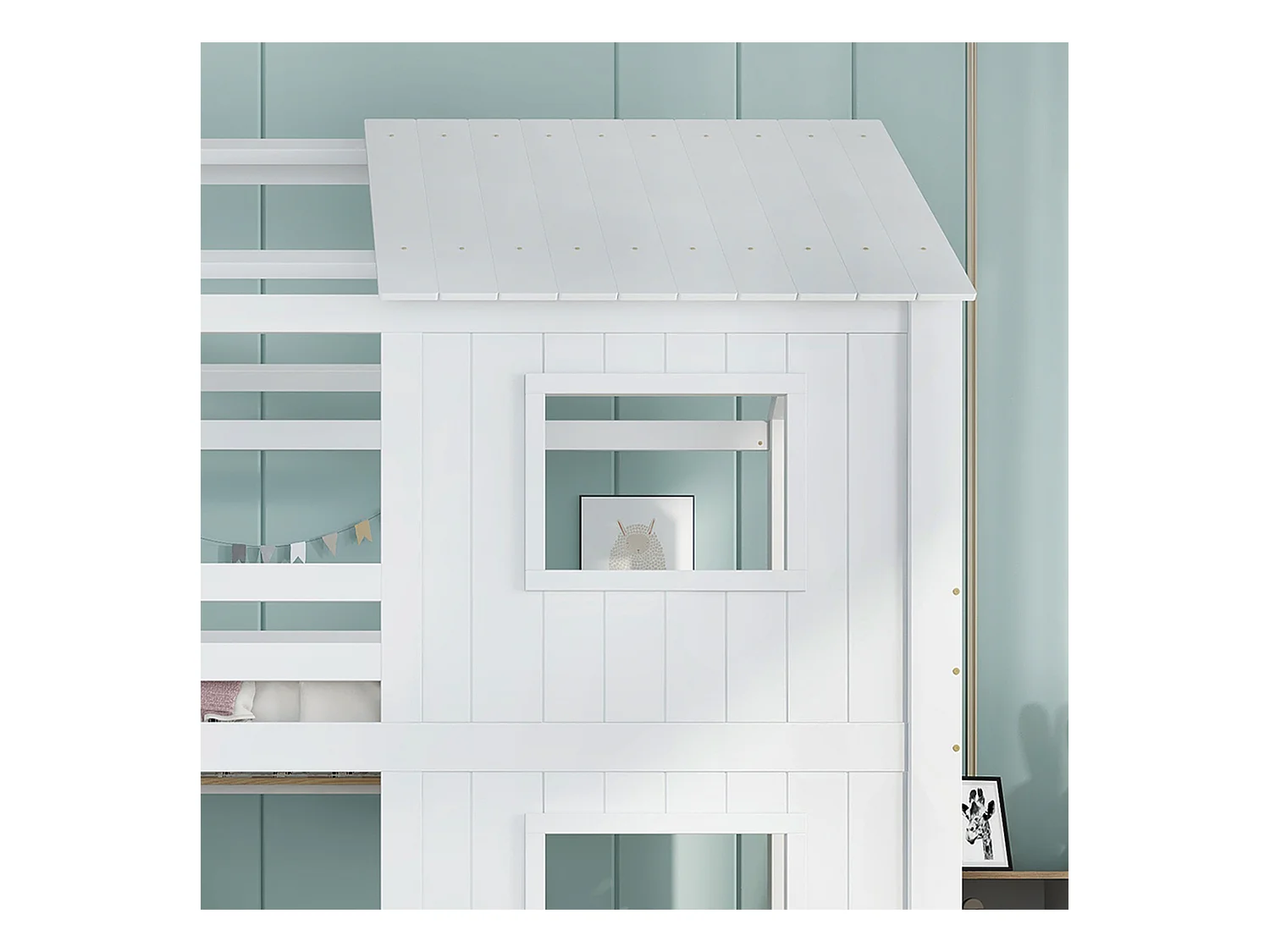 Lit superposé 90x200cm - avec 2 tiroirs - escalier avec rangement - avec fenêtres et toit - Bois massif + MDF - Blanc (sans matelas)