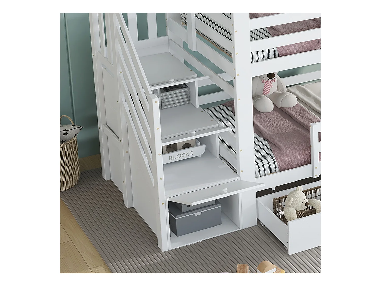 Lit superposé 90x200cm - avec 2 tiroirs - escalier avec rangement - avec fenêtres et toit - Bois massif + MDF - Blanc (sans matelas)