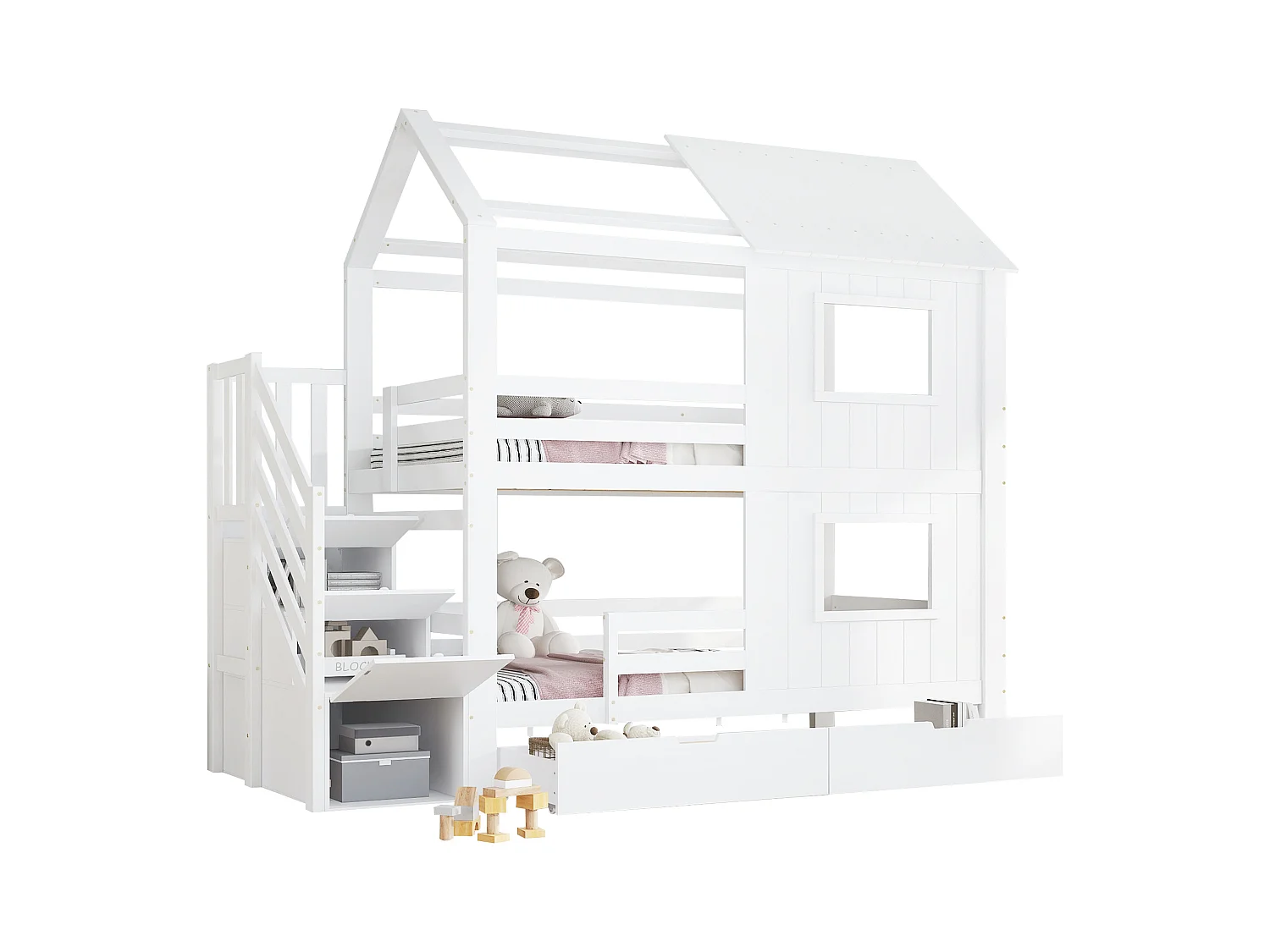 Lit superposé 90x200cm - avec 2 tiroirs - escalier avec rangement - avec fenêtres et toit - Bois massif + MDF - Blanc (sans matelas)