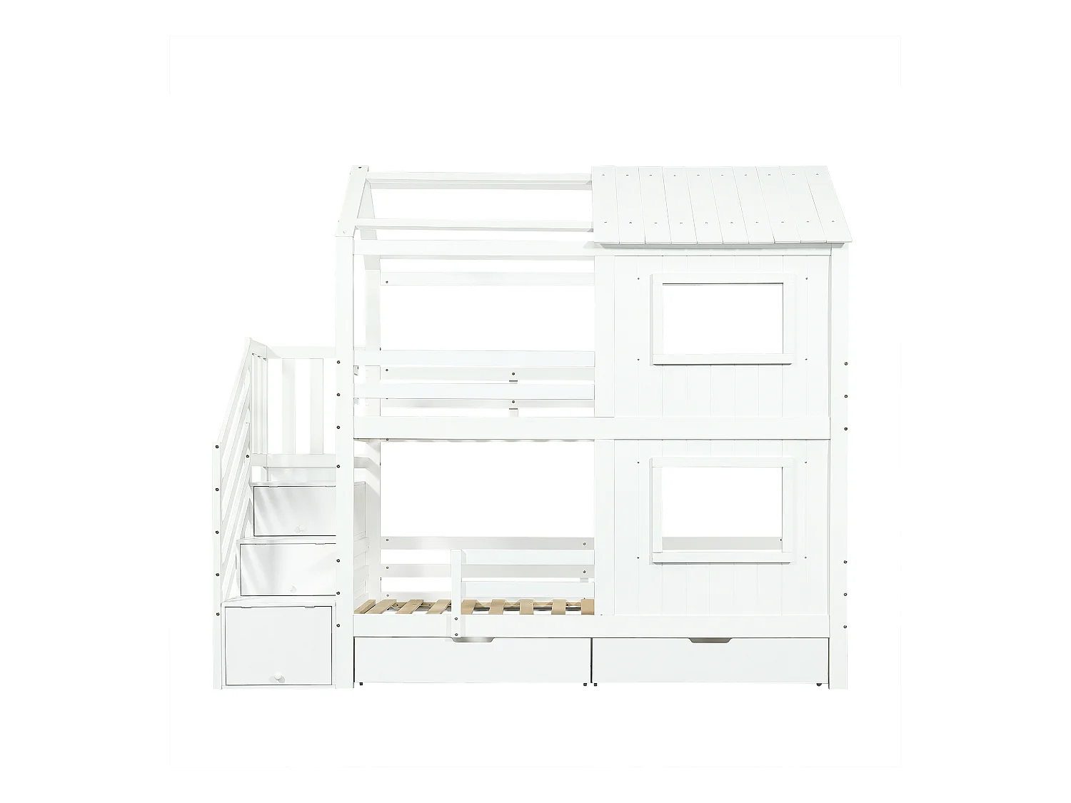 Lit superposé 90x200cm - avec 2 tiroirs - escalier avec rangement - avec fenêtres et toit - Bois massif + MDF - Blanc (sans matelas)