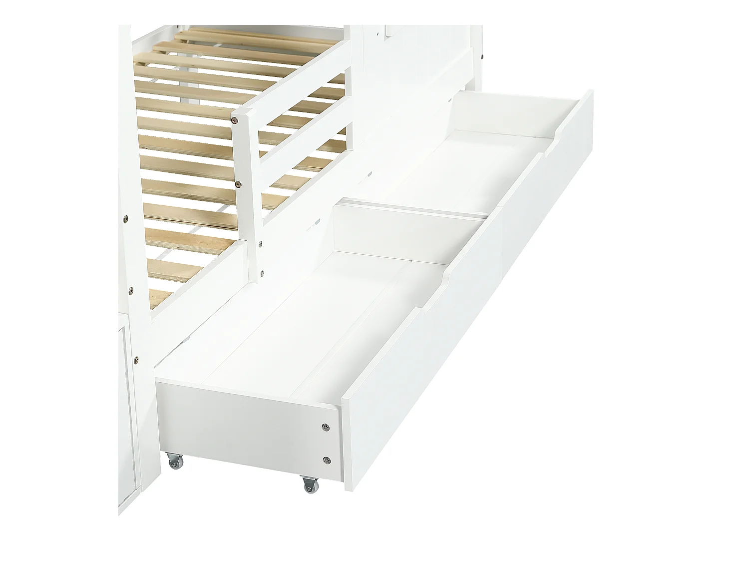 Lit superposé 90x200cm - avec 2 tiroirs - escalier avec rangement - avec fenêtres et toit - Bois massif + MDF - Blanc (sans matelas)
