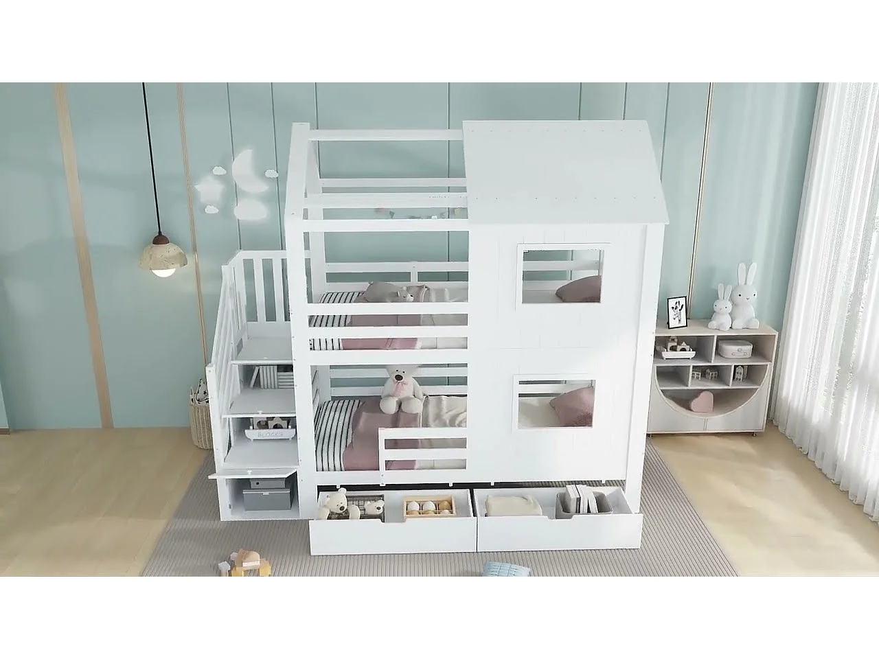 Lit superposé 90x200cm - avec 2 tiroirs - escalier avec rangement - avec fenêtres et toit - Bois massif + MDF - Blanc (sans matelas)