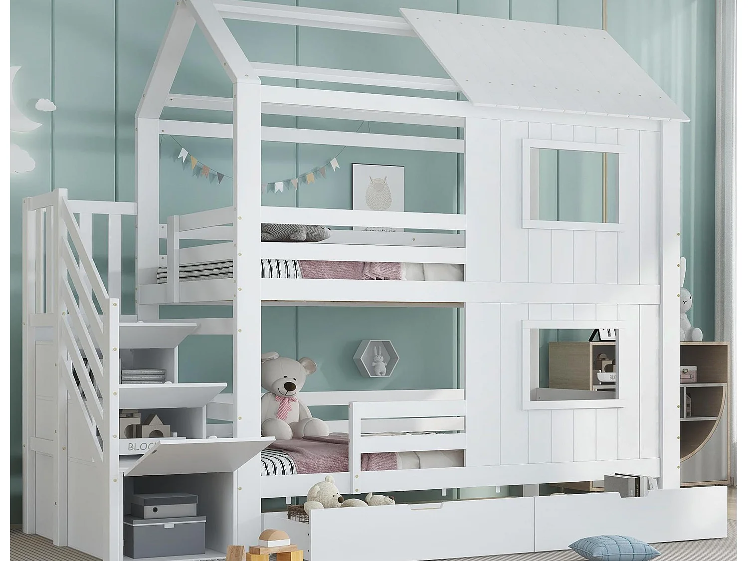 Lit superposé 90x200cm - avec 2 tiroirs - escalier avec rangement - avec fenêtres et toit - Bois massif + MDF - Blanc (sans matelas)